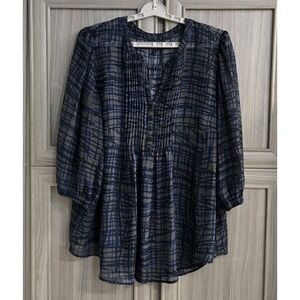 Nicole Miller NY Sheer Blouse 2X 3/4 Sleeve V-Neck Brown w Blue Plaid